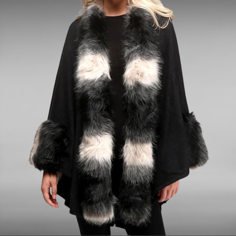 Black faux fur trimmed cape cardigan osfm